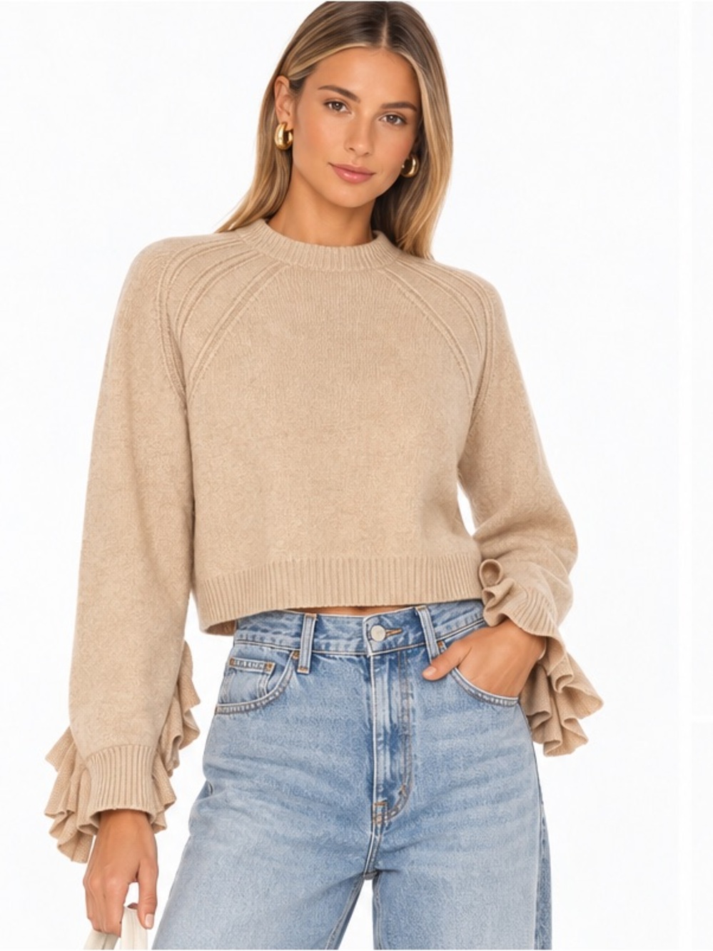 Helmut Lang Cream Ruffle Cuff Crewneck Sweater
